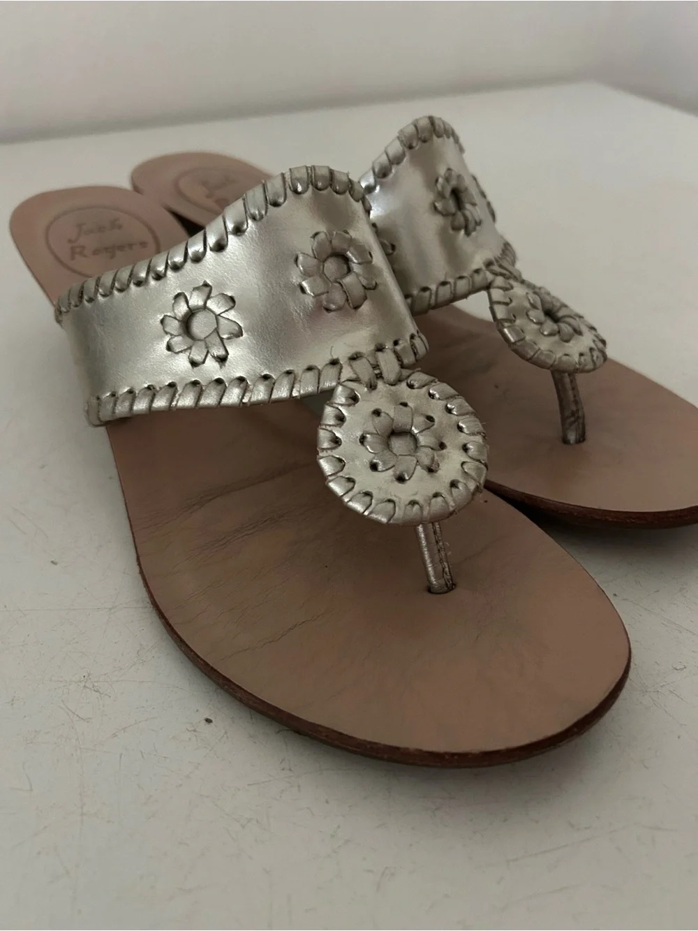 Jack Rogers Champange Leather Wood Wedge Sandals | women's 8 | 2